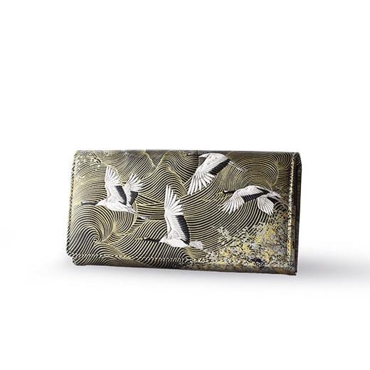 ふるさと納税 財布 東京都 台東区 浅草文庫 かぶせ長財布[祝い鶴柄] (カラー:黒) 黒