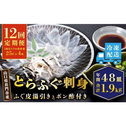 ふるさと納税 フグ 山口県 長門市  定期便 とらふぐ刺身1人前×4皿×12回 ふぐ ふぐ刺し ふぐ刺身 フグ ふぐ皮 毎月4枚(1人前)×12ヶ月 定期便 海鮮 山口県 河…_1