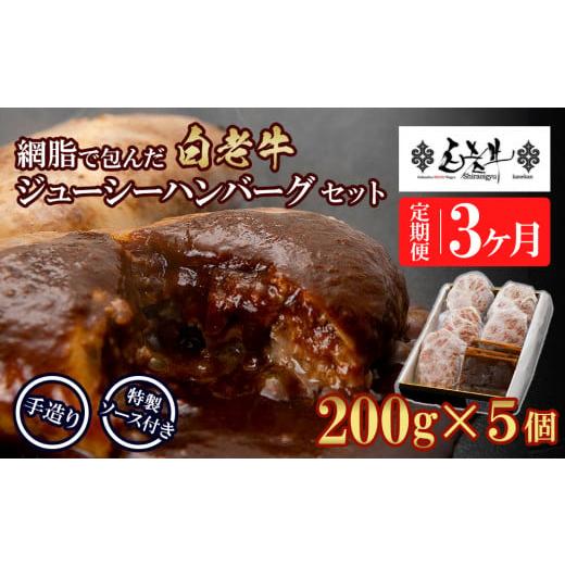 ふるさと納税 牛肉 ハンバーグ 北海道 白老町 定期便3カ月 お楽しみ 白老牛 ジューシー ハンバーグ セット 5個 網脂 特製ソース 手造り 手ごね_1