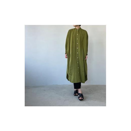 ふるさと納税 服 女 兵庫県 西脇市 播州織綿麻キュプラ7分袖ワンピース レディース バンドカラー スタンドカラー シャツワンピース (55-14) カーキ カーキ