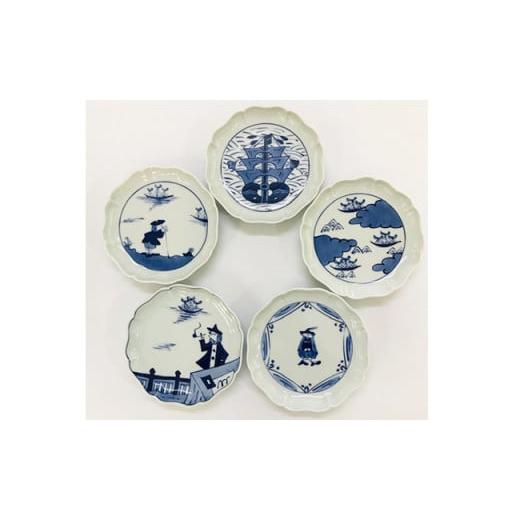 ふるさと納税 食器・グラス 皿 佐賀県 有田町 青花 船と異人シリーズ 絵変り八方割15cmプレート 5枚セット 小島芳栄堂 A45-132の画像