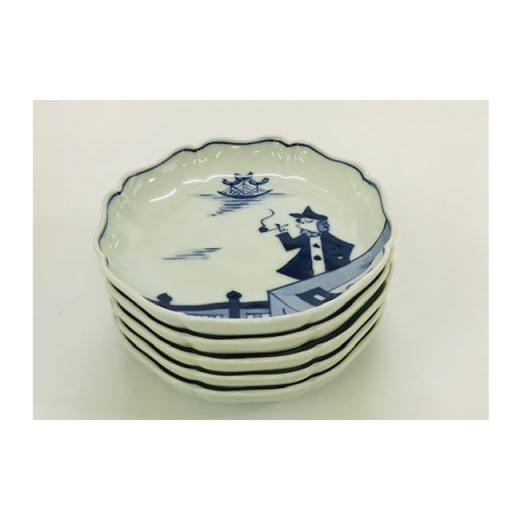 ふるさと納税 食器・グラス 皿 佐賀県 有田町 青花 船と異人シリーズ 絵変り八方割15cmプレート 5枚セット 小島芳栄堂 A45-132の画像