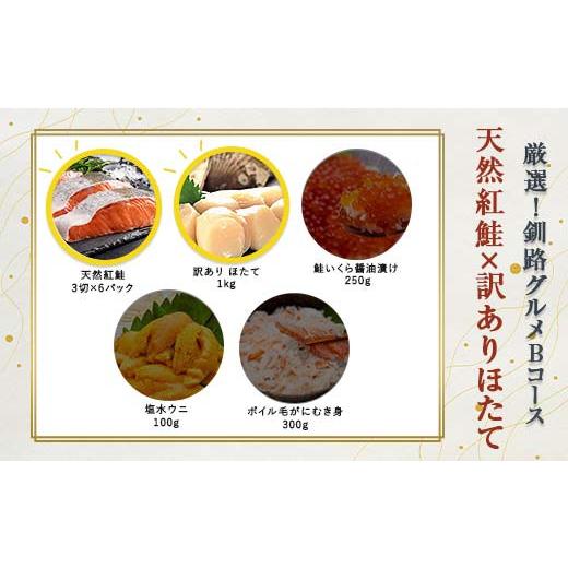 ふるさと納税 魚貝類 鮭 北海道 釧路市 選べる 釧路グルメ 海の幸 Bコース(5種類から2品)紅鮭・訳ありほたて貝柱 F4F-2027 紅鮭・訳ありほたて貝柱