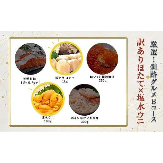 ふるさと納税 魚貝類 ホタテ 北海道 釧路市 選べる 釧路グルメ 海の幸 Bコース(5種類から2品)訳ありほたて貝柱・塩水ウニ F4F-2031 訳ありほたて貝柱・塩水…