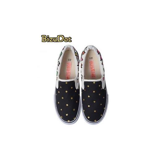 ふるさと納税 ファッション 靴 千葉県 白井市 手描きスニーカー「BizuDot」23.5cm ブラック×ドット柄 受注制作 23.5cm