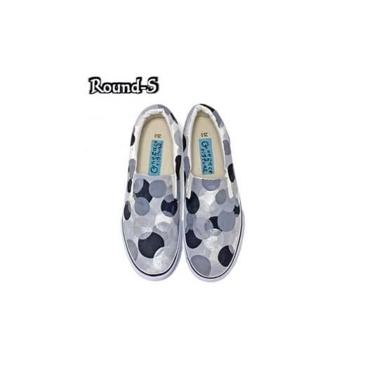 ふるさと納税 ファッション 靴 千葉県 白井市 手描きスニーカー「Round-S」23.5cm モノクロ 水玉柄 受注制作 23.5cm