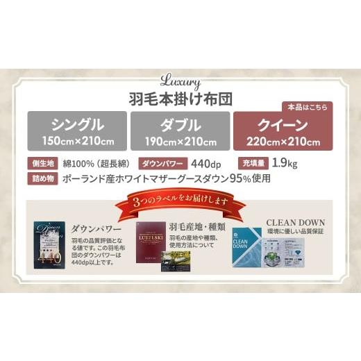 ふるさと納税 タオル・寝具 掛け布団 山梨県 甲斐市  本掛け布団 羽毛掛け布団 Luxury（ラグジュアリー）（クイーン：220cm×210cm）ポーランド産ホワイトマ…の画像