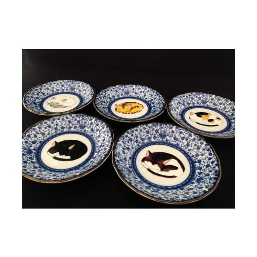 ふるさと納税 食器・グラス 皿 石川県 能美市  No.5784-0878 九谷焼 4号皿揃 眠り猫（5枚セット） a01の画像