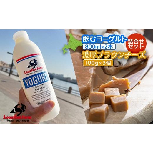 ふるさと納税 加工品等 チーズ 北海道 中標津町 飲むヨーグルト(800ml×2本) 濃厚ブラウンチーズ(100g)3個詰合せセット北海道中標津町『ループライズファーム…