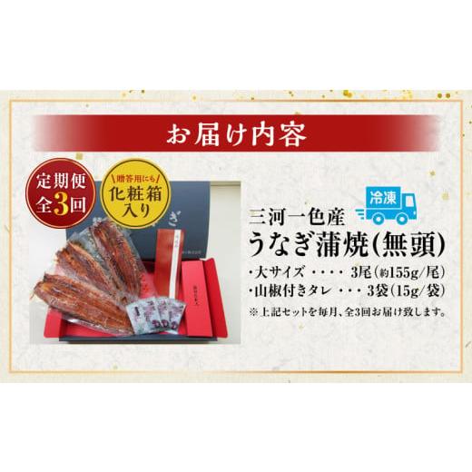 ふるさと納税 うなぎ 愛知県 西尾市  定期便 三河一色産うなぎ蒲焼 大サイズ無頭3尾入り×3回(毎月)・M117の画像