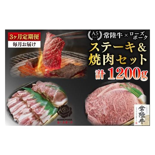 ふるさと納税 牛肉 サーロイン 茨城県 水戸市 3ヶ月定期便 常陸牛A5ランク・ローズポークステーキ焼肉セット 常陸牛サーロイン200g+ローズポーク200g(ロ…