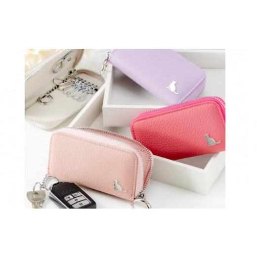 ふるさと納税 雑貨・日用品 愛知県 大府市 スマートキー対応 カードが入る本革6連キーケース パープル おしゃれ 可愛い コンパクト スリム 猫 レザー パ…