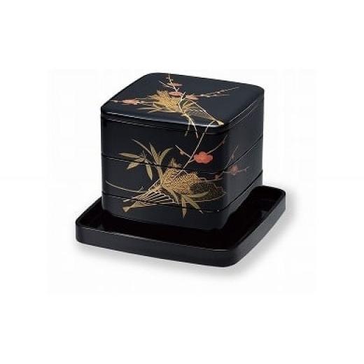 三段重　輪島塗　扇面松竹梅 輪島塗 三段重（扇面松竹梅蒔絵、台付） 重箱 三段6寸 蒔絵 扇面