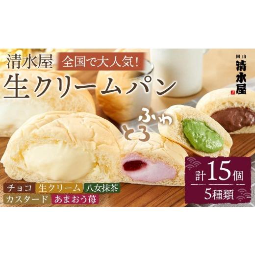 ふるさと納税 パン 菓子パン 岡山県 岡山市 究極のふわとろ食感 清水屋 生クリームパン 15個 5種（カスタード・生クリーム・チョコ・あまおう苺・八女抹茶） …_1