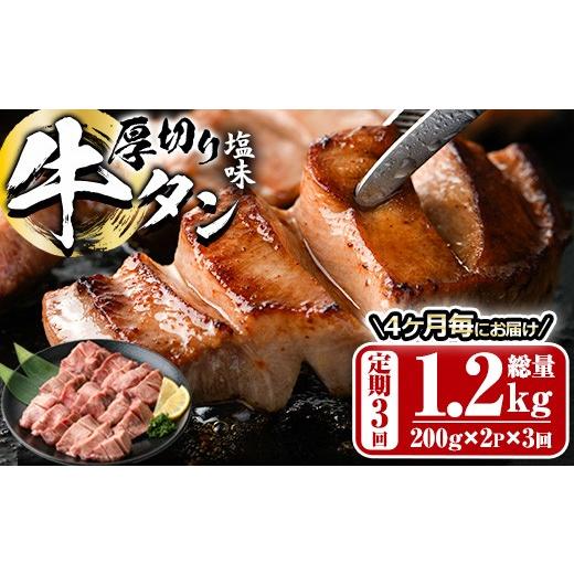ふるさと納税 牛肉 タン 大分県 佐伯市 定期便・全3回 (4か月ごとの発送) 厚切り 塩味 牛タン (総量1.2kg) 定期便 小分け 牛肉 肉 タン 牛たん 味付け 焼肉 …