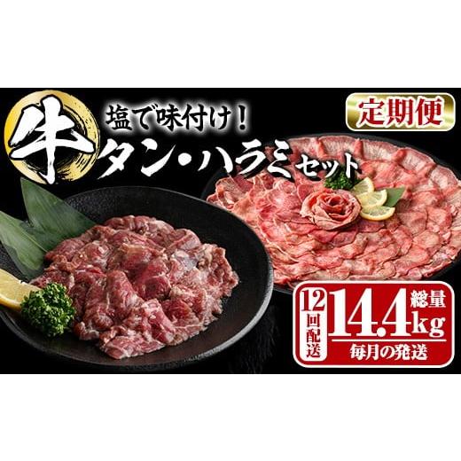 ふるさと納税 牛肉 大分県 佐伯市 定期便・全12回 (毎月の発送) たっぷり 薄切り 塩 牛タン・牛ハラミ セット (総量14.4kg) 小分け 牛肉 肉 タン たん ハラミ…
