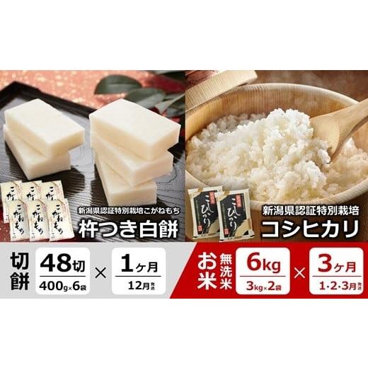 ふるさと納税 無洗米 新潟県 柏崎市 12月〜発送・4ヶ月定期便 杵つき白餅(2.4kg×1回発送)と真空パック 特別栽培米 コシヒカリ 無洗米(6kg×3回発送) Y05…