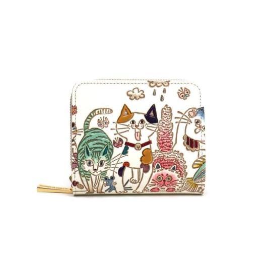 ふるさと納税 財布 東京都 墨田区 文庫屋大関 二つ折りファスナーミニ財布 ネコ集合 皮革工芸品 財布 二つ折り 小物 お札 カード 小銭 コンパクト 牛革 手作…