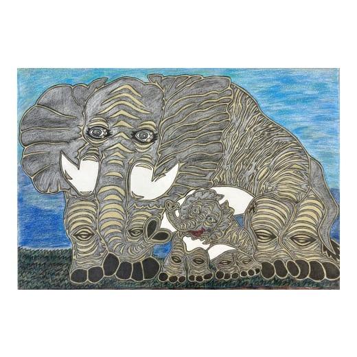 ふるさと納税 雑貨・日用品 絵画 香川県 坂出市 絆(きずな)|三宅剛 ペン画アート 原画/親子の象・優しさと生命のつながり