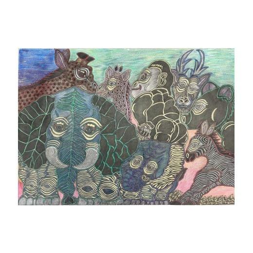 ふるさと納税 雑貨・日用品 絵画 香川県 坂出市 動物の仲間たち|三宅剛 ペン画アート 原画/ゾウ・キリン・ゴリラ・多様な命の共生