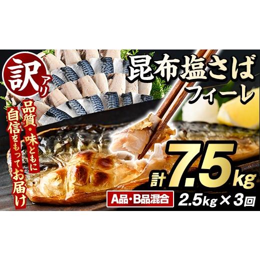 ふるさと納税 旬の鮮魚等 鹿児島県 阿久根市 定期便(隔月)・全3回 訳あり 昆布塩さばフィーレ(A品B品混合・計7.5kg) 大容量 ボリューム サバ 鯖 おかず おつ…