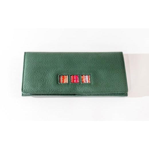 ふるさと納税 財布 長野県 白馬村 長財布(束入)グリーン P0870684_G-B 牛革長財布 本革財布 L字ファスナー 収納力 ハンドメイド革財布 裂織 さきおり 北ア…