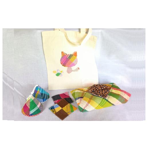 ふるさと納税 雑貨・日用品 奈良県 河合町 さをり織り お家セット(なべつかみ×2・コースター×2・エコバッグ・ティッシュボックスカバー) 思いやり型返礼…