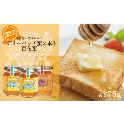 ふるさと納税 加工品等 はちみつ 石川県 羽咋市 蜂蜜 ヘアリーベッチ 2本 百花 1本 各 175g 計 3本 天然 国産 純粋 非加熱 無調整 あっさり 甘い コク 万能 瓶…の画像