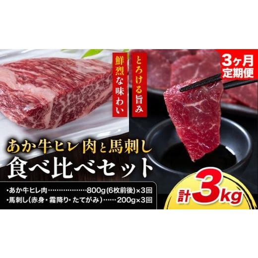 ふるさと納税 牛肉 ヒレ 熊本県 産山村 あか牛 ヒレ肉 800g(6枚前後)・馬刺し 200g 食べ比べセット 3ヶ月定期便 計3kg 合同会社たべたせいか[お申し込みの翌…