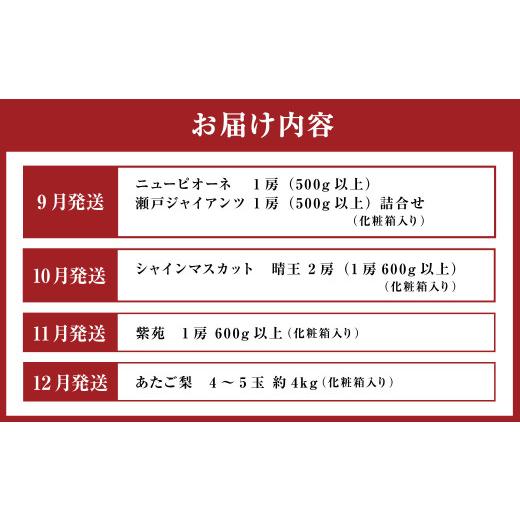 ふるさと納税 ぶどう 岡山県 美咲町  4回定期便 岡山県産 フルーツ定期便コース （ニューピオーネ ・ シャインマスカット ・ 紫苑 ・ あたご梨） 2026年9月上…_3