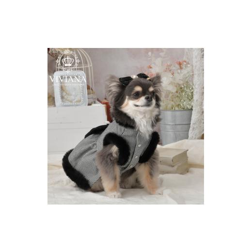 ふるさと納税 ファッション 神奈川県 秦野市 ドッグウェア「VIVIANA」千鳥格子ファーワンピース / Black