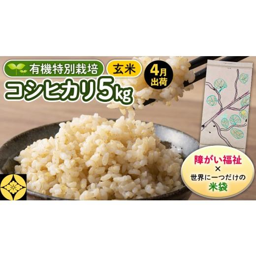 ふるさと納税 米 コシヒカリ 茨城県 つくばみらい市 4月出荷 障害福祉 × 世界に一つだけの 米袋 玄米 5kg 三百年続く農家の 有機特別栽培 コシヒカリ 米 支…