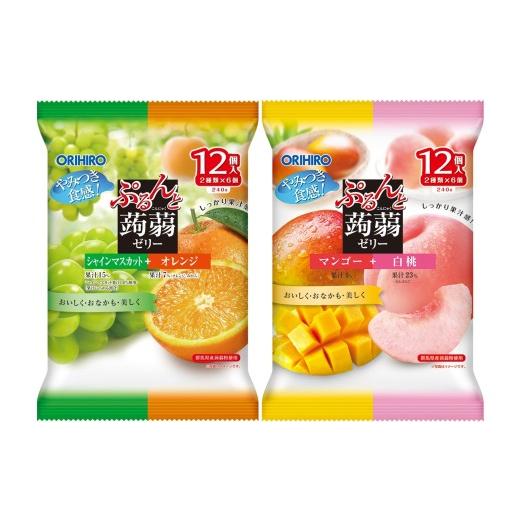 ふるさと納税 菓子 ゼリー 群馬県 高崎市 25183 オリヒロ ぷるんと蒟蒻ゼリーパウチ シャインマスカット+オレンジ、マンゴー+白桃 2種12袋