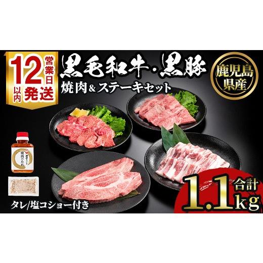 ふるさと納税 牛肉 ロース 鹿児島県 日置市 No.1360 黒毛和牛・黒豚バラの焼肉&黒毛和牛ステーキのセット(合計1.1kg 和牛ロース/バラ200g・和牛モモ200g・和…
