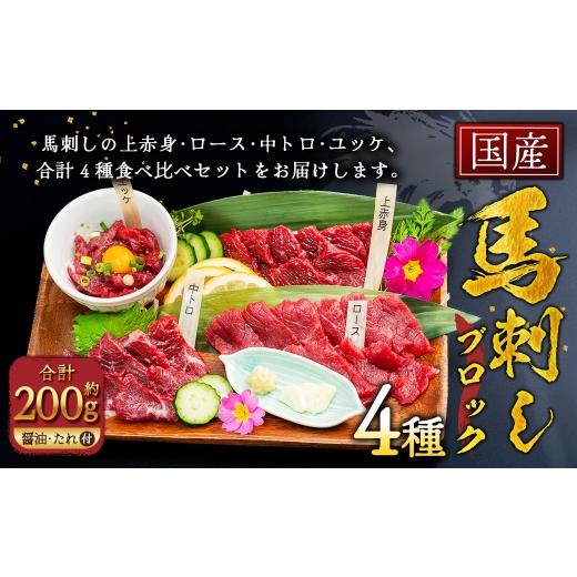 ふるさと納税 馬肉 熊本県 益城町 国産 馬刺し 4種 約200g(約50g×4種) 馬肉 赤身 ロース 中トロ ユッケ 食べ比べ おつまみ お肉 肉 ニク にく 馬 上赤身 小…