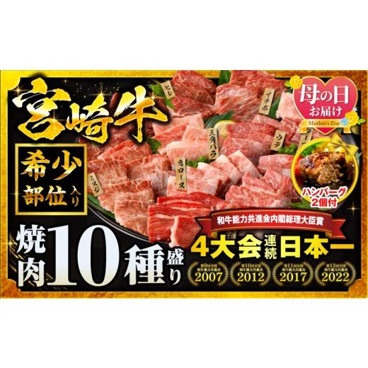 ふるさと納税 牛肉 セット 宮崎県 宮崎市 母の日までにお届け 畜産農家応援 宮崎牛焼肉10種盛り合わせ・国産牛ハンバーグ100g×2個_M132-067-B2-MD 母の日ま…
