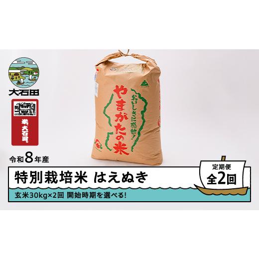 ふるさと納税 米 はえぬき 山形県 大石田町 先行予約 玄米2回定期便 新米 米 はえぬき 30kg 玄米 令和8年産 特別栽培米 2026年11月・2027年2月発送 沖縄・離…