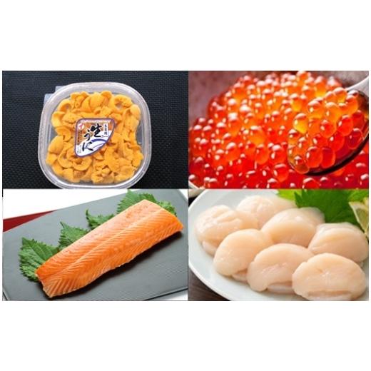 ふるさと納税 ウニ 北海道 根室市 E-71045 エゾバフンウニ塩水パック100g×1P、いくら醤油漬け(鱒卵)100g×1P、お刺身ホタテ貝柱300g×1P、お刺身サーモン300g…