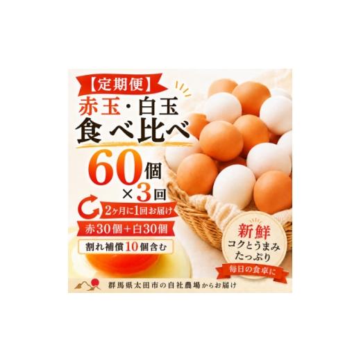 ふるさと納税 卵(鶏、烏骨鶏等) 群馬県 太田市 2ヵ月毎定期便 むかしの美味しい卵・心美卵 紅白食べ比べセット 60個(各30個)全3回 4091600