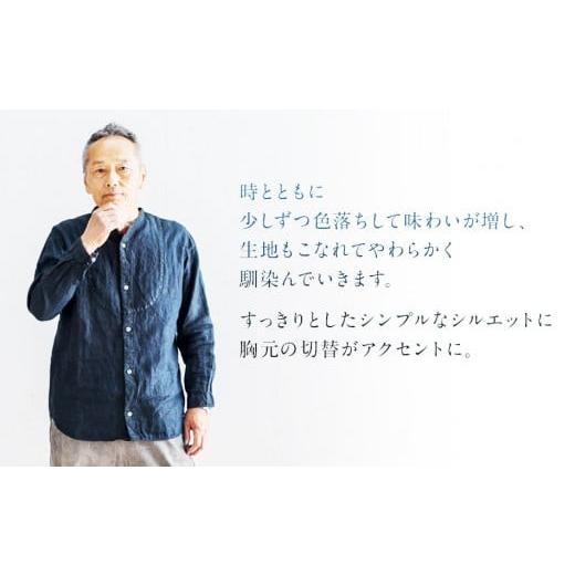 ふるさと納税 服 福岡県 大木町 手染めリネン切替シャツ サイズ３ BLACK (泥藍染)　AO052 サイズ3の画像