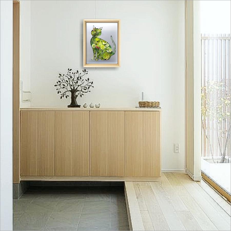 猫 y ねこ 観葉植物 フェイクグリーン 絵画 インテリア 油絵 壁掛け