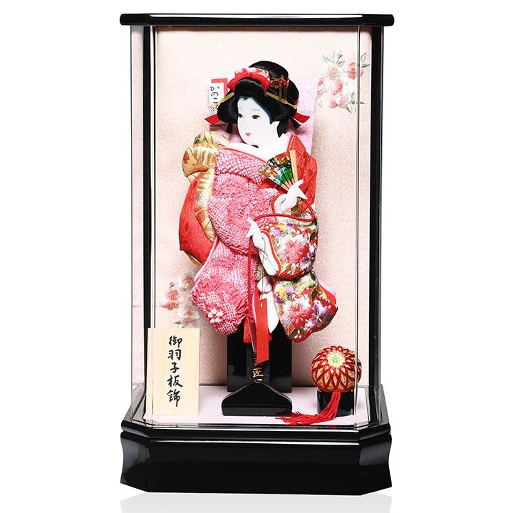 【アクリルケース羽子板】【匠一好作 伝統工芸】13号舞扇：有松絞り/さくら刺繍金襴袖押絵羽子板：漆黒塗アクリルケース；匠一好作【正月飾】