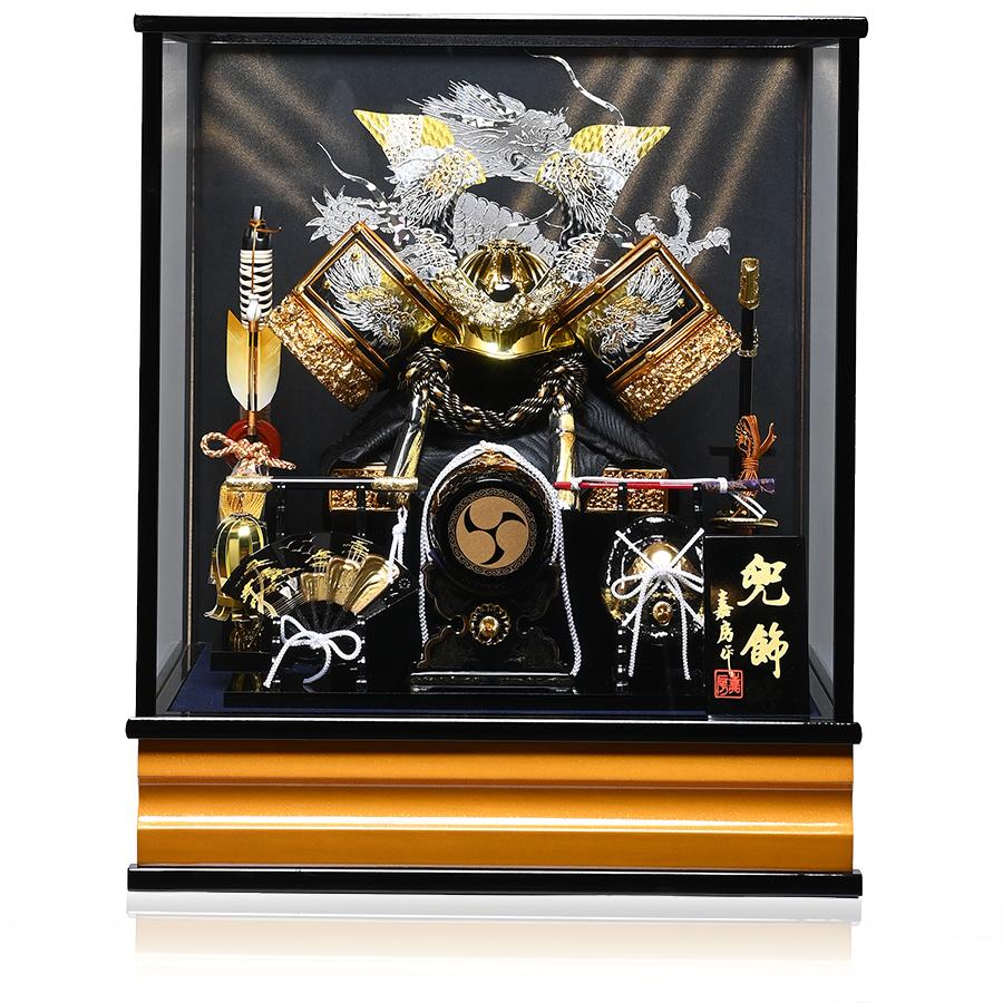 兜ケース飾】10号金双竜金彩金兜三品付ケース：嘉房作【五月人形