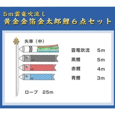 5m黄金金箔金太郎鯉のぼり雲竜吹流し6点セット【家紋・名入対応 5m黄金金箔金太郎鯉のぼり雲竜吹流し6点セット【家紋・名入対応