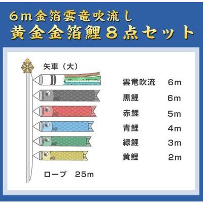 6ｍ黄金金箔鯉のぼり雲竜吹流し8点セット【家紋・名入対応】_1