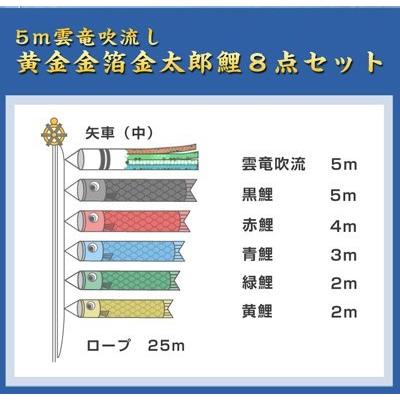 5m黄金金箔金太郎鯉のぼり雲竜吹流し8点セット【家紋・名入対応