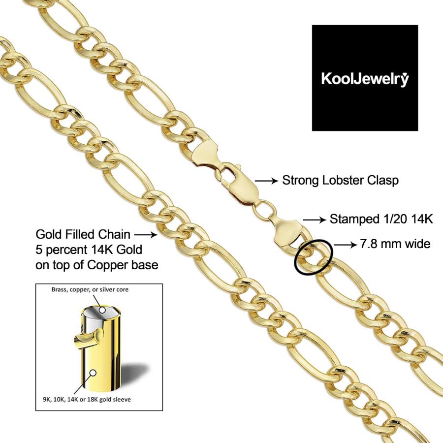 14K イエローゴールド 金張り メンズ 7.8mm 高光沢フィガロ 14K イエローゴールド 金張り メンズ 7.8mm 高光沢フィガロ