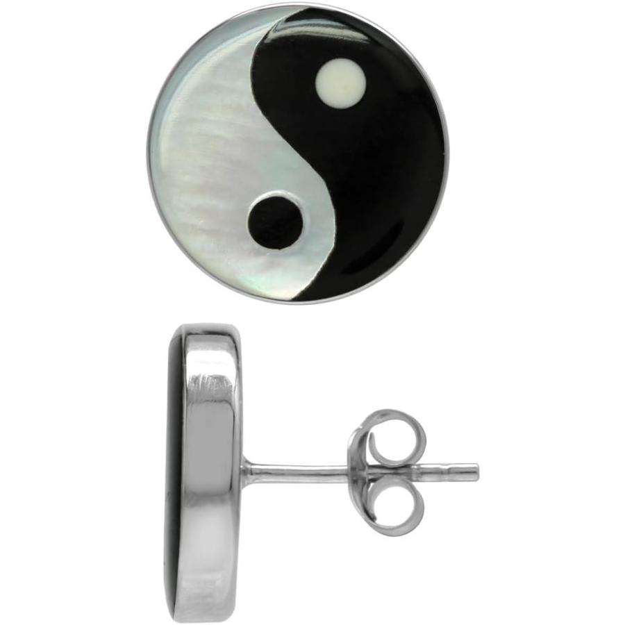 【並行輸入品】14mmホワイトマザーオブパール&人工ブラックオニキス 925スターリングシルバー 陰陽スタッドピアス　 | 