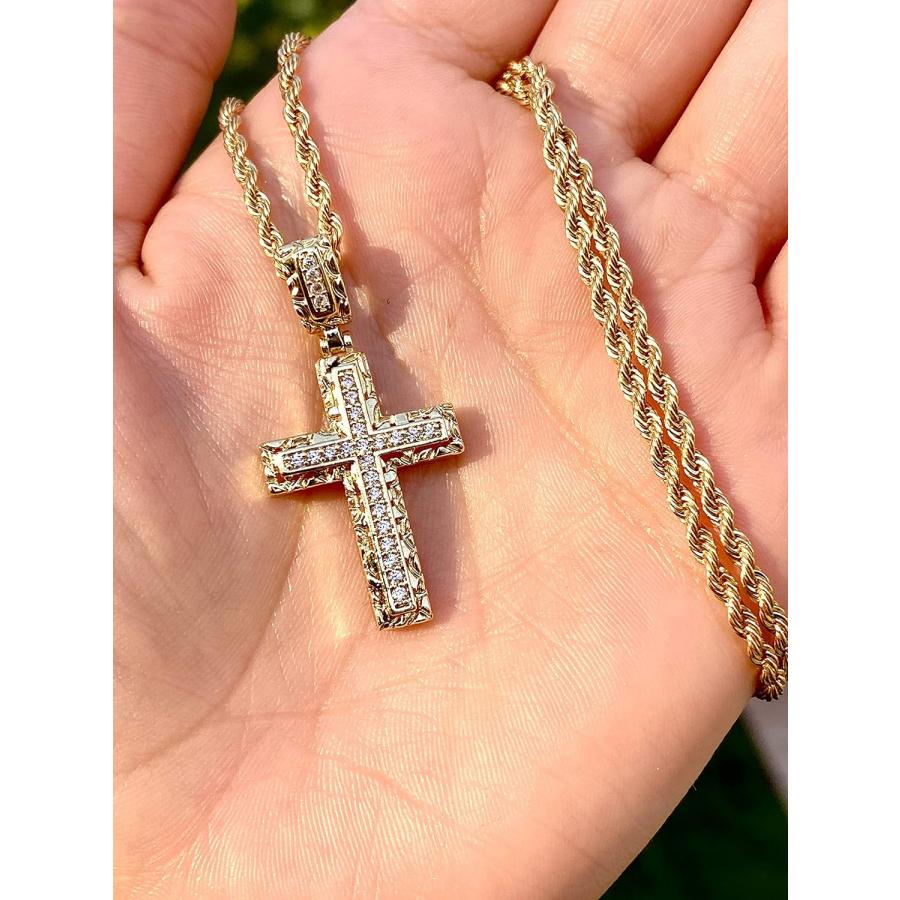 Men Women 14k Gold Pl Cross Jesus Crucifix Diamond Religious Ice Out Pendant Charm Pendant  Stainless Steel Real 2.5 mm Rope Chain   Mans Jewelry｜fusion-f｜03