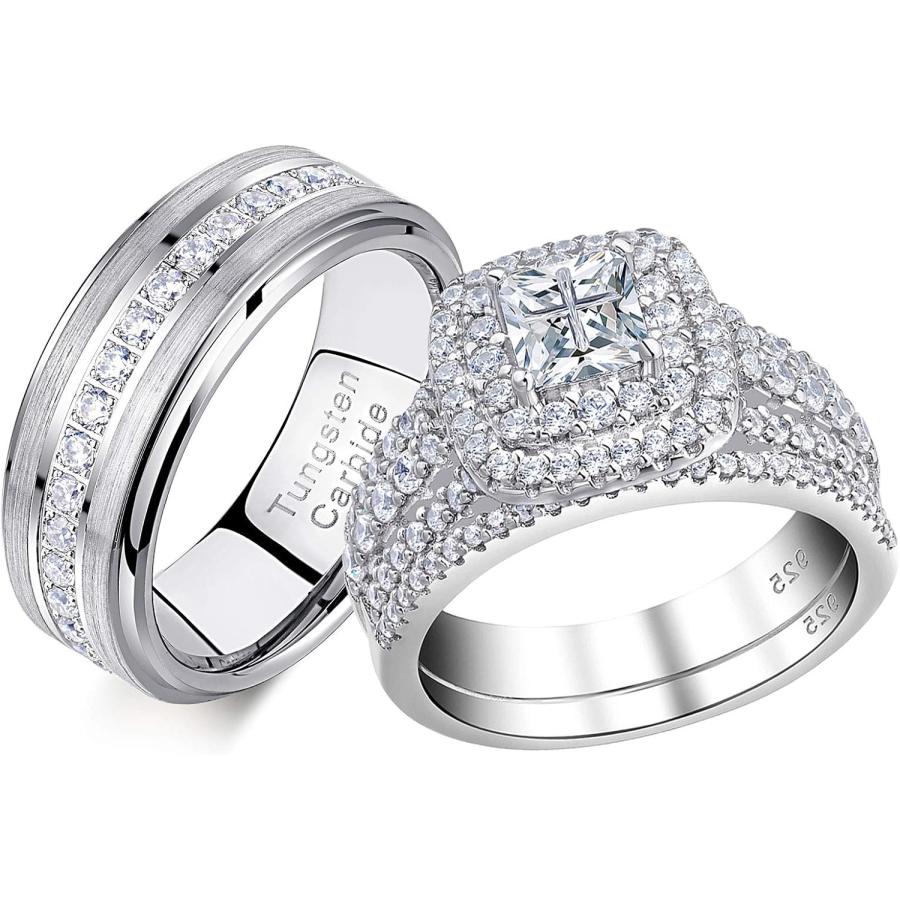 【並行輸入品】Newshe 結婚指輪セット 彼と彼女 レディース メンズ タングステンバンド プリンセス キュービックジルコニア 2.3カラット スタ | 